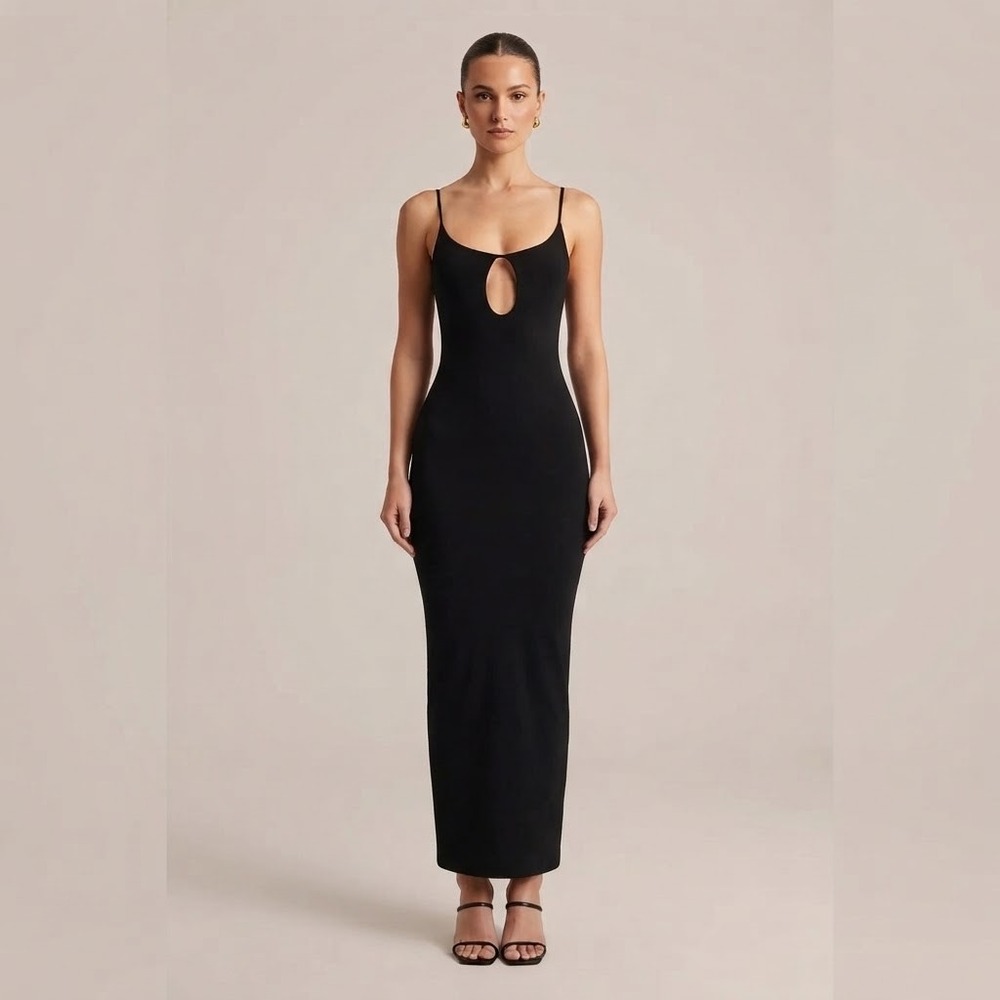THATSSOFETCH Black Bodycon Maxi Dress US 4 AUS 8 Keyhole Cutout Spaghetti Strap - Picture 1 of 14
